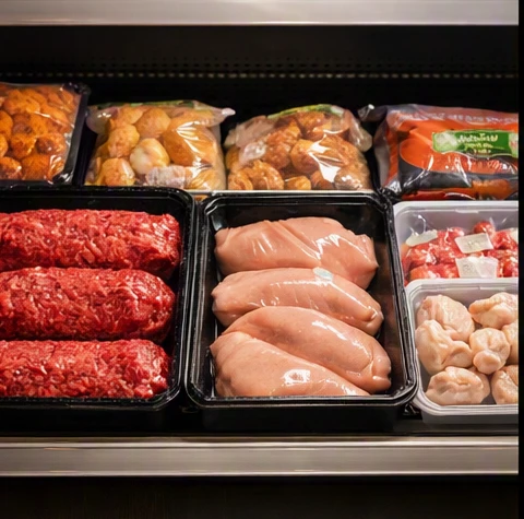 Freshly packaged Excel Meats products including beef, chicken, and frozen cuts displayed on a clean retail shelf