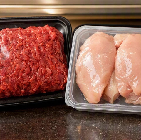 Packaged beef and chicken products labeled with Excel Meats branding on a retail display