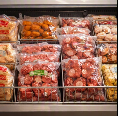 Frozen meat products from Excel Meats including patties and breaded cutlets in a freezer display