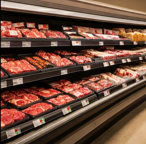 Excel Meats products displayed on a grocery retailer shelf with visible business address and contact info