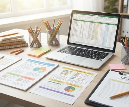 Excel para docentes PDF resources showing organized teacher spreadsheets and classroom planning materials in a modern workspace