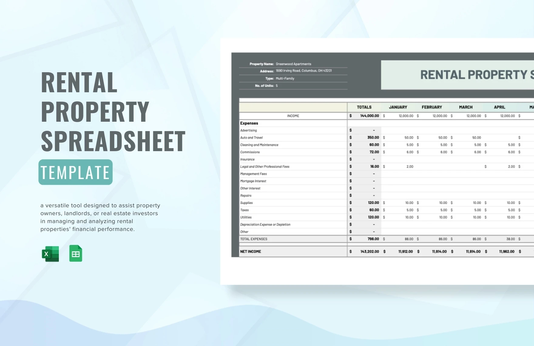 Excel rental property template with organized landlord records, income tracking, and expense details in a clean workbook view