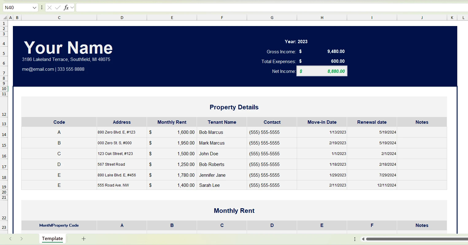 Excel rental property template workbook showing organized sheets for income, expenses, and maintenance tracking