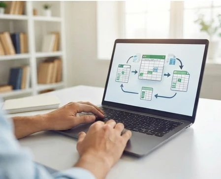Hands navigating spreadsheet recovery settings on a laptop with a clear step-by-step workflow context