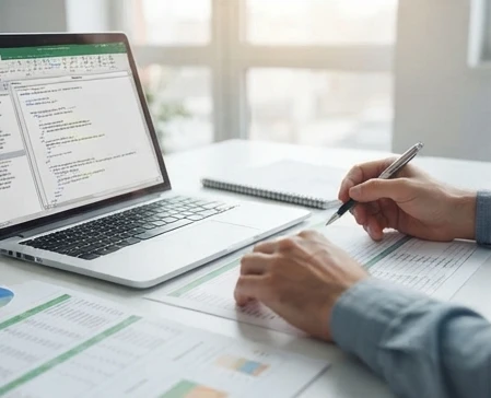Hands performing a structured VBA debugging process with spreadsheet automation tools