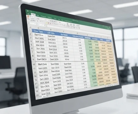 Spreadsheet workspace showing YEARFRAC decimal output between two dates for time calculations