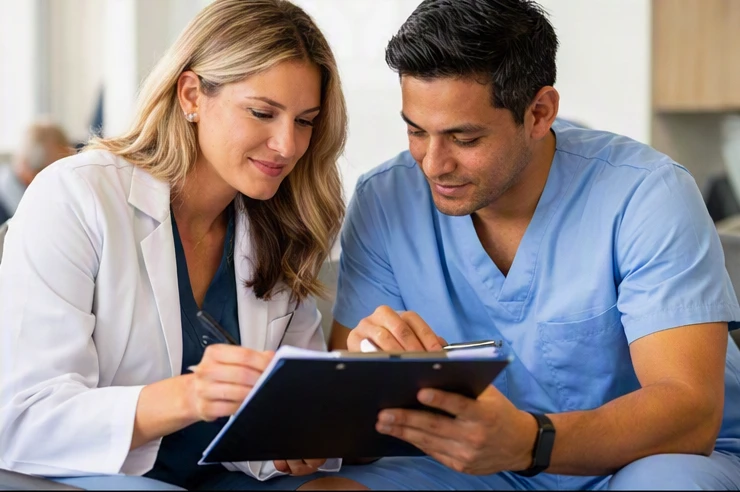 Healthcare staff coordinating different outpatient departments and diagnostic service pathways