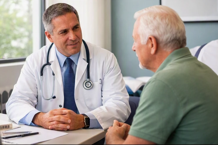 Specialty healthcare consultation room with provider and patient discussing medical care options