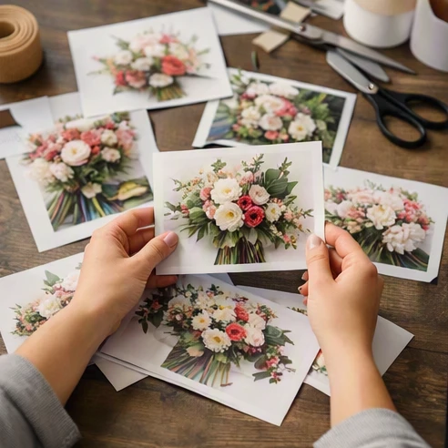 Florist portfolio review with multiple bouquet designs showing different styles and flower combinations
