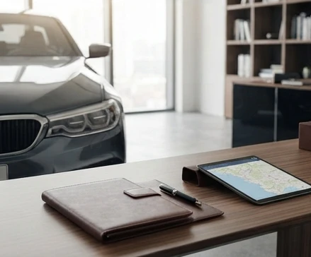 Premium rental vehicle with documents and planning materials representing rental cost factors