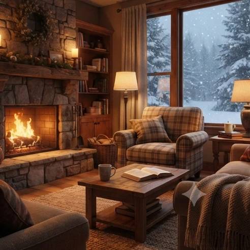 A family enjoying a movie together in a cozy living room with winter scenery visible outside