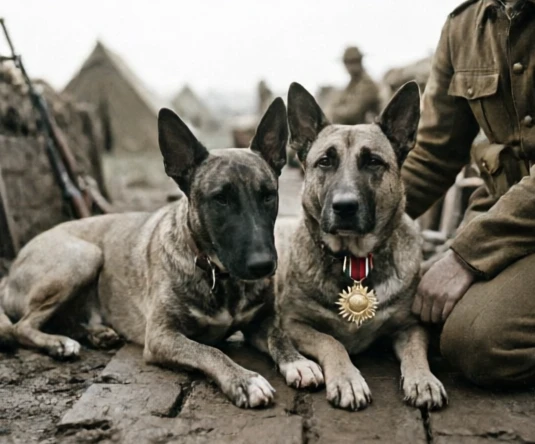 Decorated military dog wearing a small medal beside a regimental mascot dog in period surroundings
