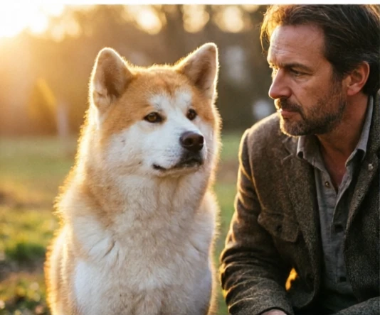 Richard Gere sitting outdoors with an Akita dog representing the touching true story of Hachi: A Dog's Tale