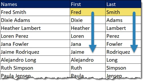 Excel Flash Fill in action, automatically splitting a name like 'John Smith' into first and last name columns