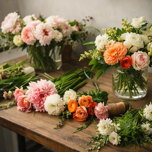 Fresh flower bouquet display showing healthy petals, firm stems, and varied blooms in a florist workspace