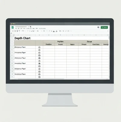A structured football depth chart Excel template on a computer screen displaying position groups and player rosters