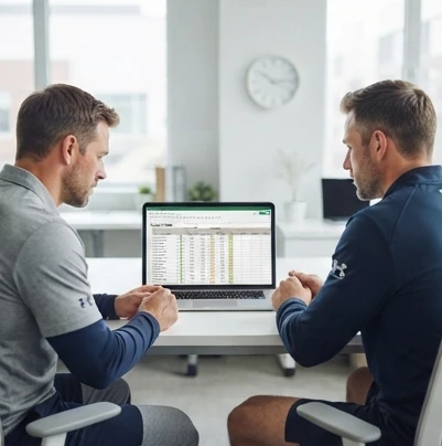 Coaches reviewing a football depth chart spreadsheet on a laptop to manage player positions and backups