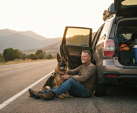 Military working dog and veteran sharing a calm road-trip moment representing a gentler emotional war dog story