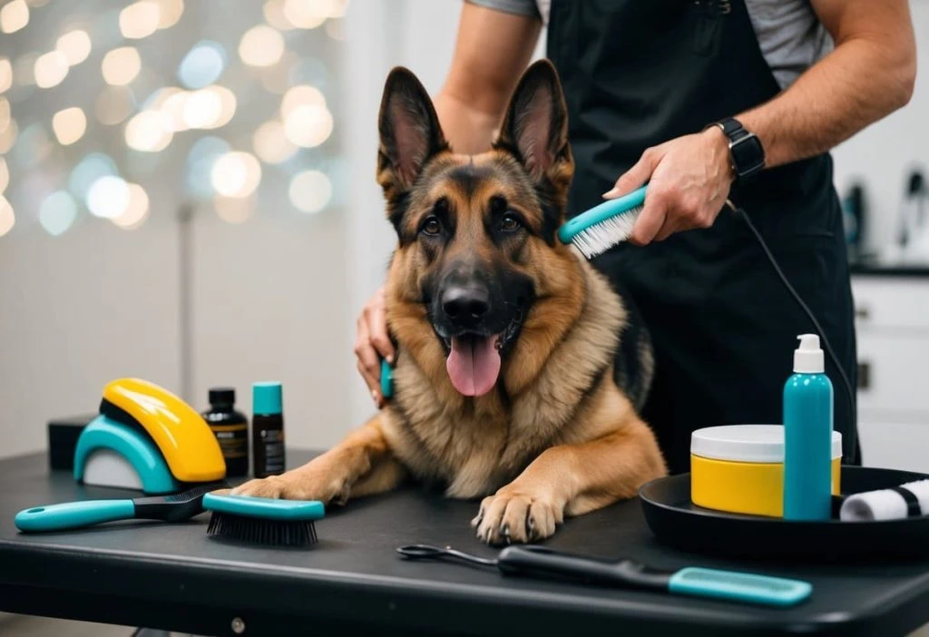 Slicker brush, long-pin brush, and undercoat rake arranged beside a long-haired German Shepherd coat