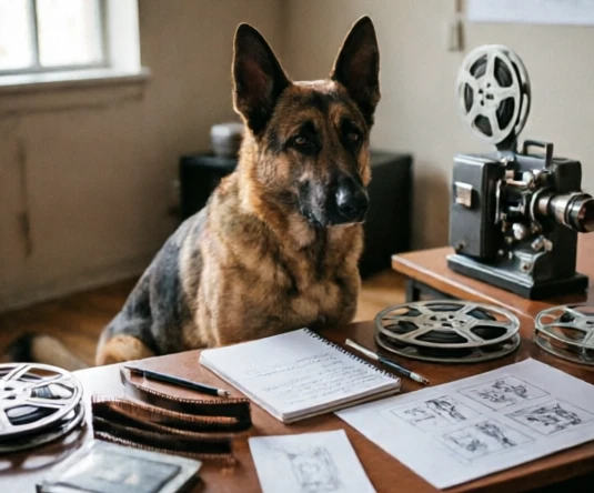 German Shepherd beside a film review notebook representing meaningful canine roles in movies