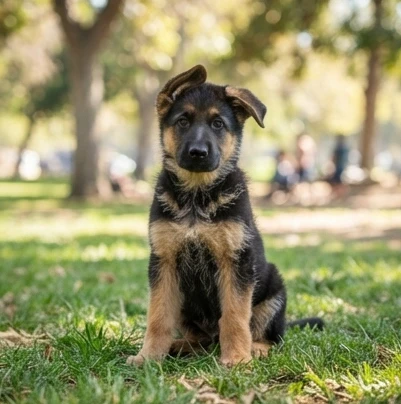 A cute German Shepherd puppy sitting alertly in a green park with bright natural daylight, showcasing its loyal expression