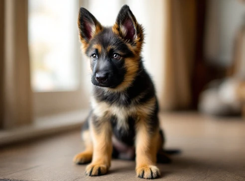 German Shepherd puppy showing balanced body shape, dense coat, elongated muzzle, and developing proportions in a clear standing view