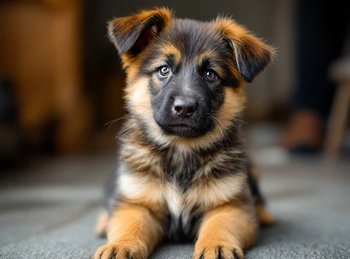 German Shepherd puppy photographed with full body view beside a close-up reference angle for structural comparison