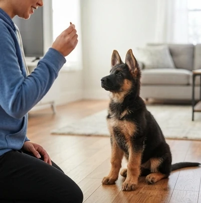 A young German Shepherd puppy focused on training treats during a calm indoor obedience session with gentle guidance
