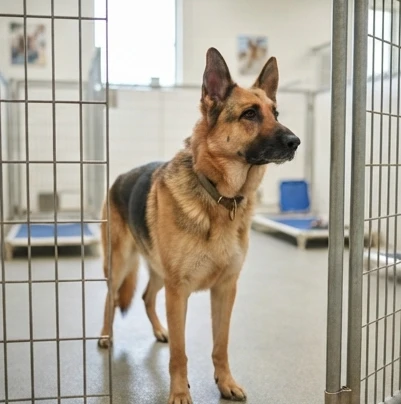 An alert adult German Shepherd in an animal shelter enclosure looking attentively toward the camera with soft lighting
