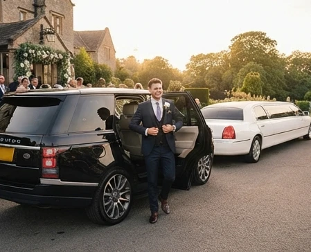 Groom arrival in a luxury SUV and limousine for a grand entrance