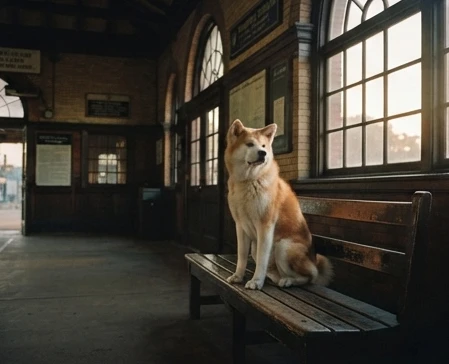 Loyal Akita dog waiting faithfully at a vintage commuter train station in a dramatic cinematic shot representing Hachi: A Dog's Tale 2010