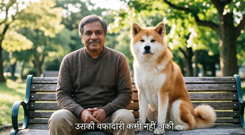 A man and a dog sitting together on a park bench with a Hindi subtitle text overlay