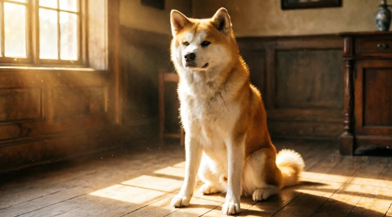 Akita dog looking out attentively in a warm atmospheric setting representing hachi a dog's tale youtube viewing options