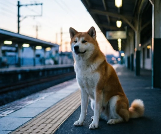 An Akita dog waiting patiently at dusk, capturing the emotional core of the Richard Gere Akita film