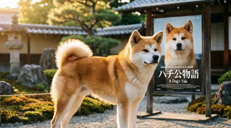 An Akita dog in Japan next to a poster of Hachi: A Dog's Tale