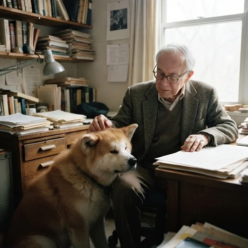 Richard Gere's Hachi movie character sharing a quiet moment with an Akita dog in a family setting