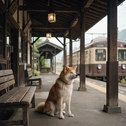 Akita dog waiting near a Japanese train station representing the historical Hachikō story behind the movie