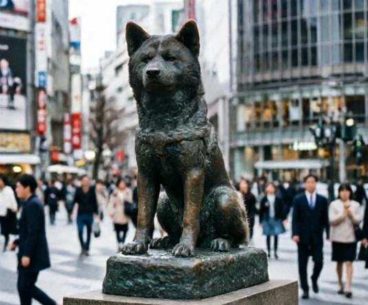 Bronze statue of Hachikō at Shibuya Station in Tokyo honoring the loyal Akita's nine-year wait