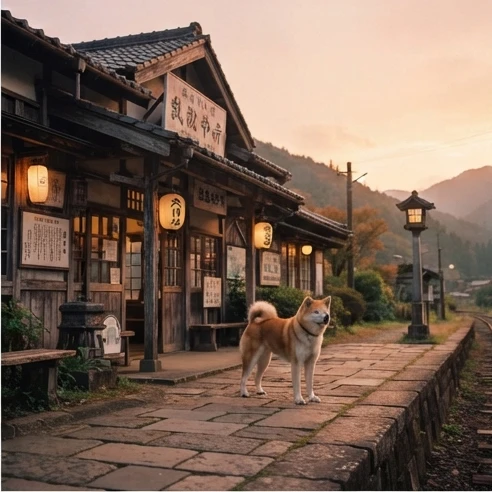Akita Inu representing Hachikō’s loyalty near a Japanese train station environment