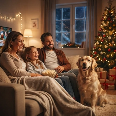 Hallmark Christmas movie with dog watchlist featuring festive pets and heartwarming holiday stories