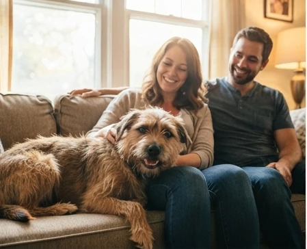 Happy dog adoption stories showing a rescue dog building trust in a loving forever home with adopters