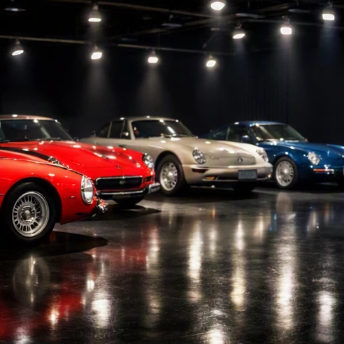 Vintage luxury classic cars displayed in a prestigious showroom with polished floors and warm lighting
