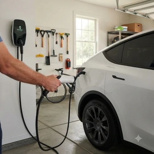 Home electric car charger installation beside a parked vehicle in a residential garage setting