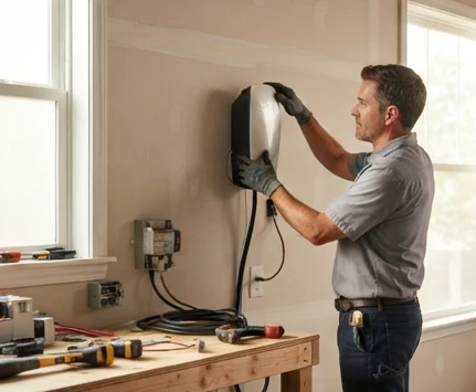 Home EV charger installation with electrical panel inspection and charging equipment setup