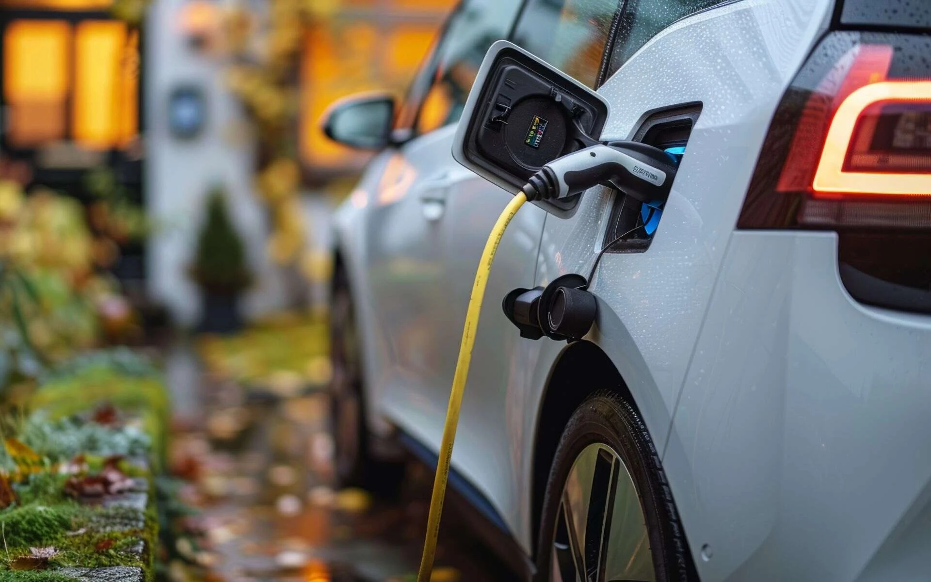 Electric vehicle charging cord plugged into a modern EV parked in a residential home garage at sunset