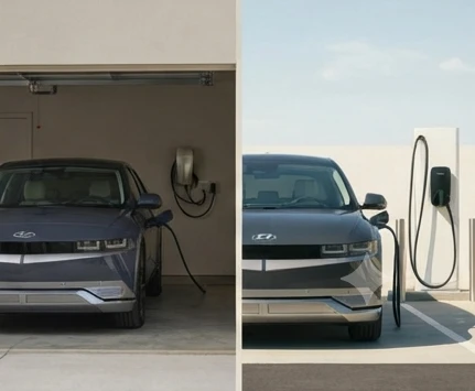 Electric vehicle charging options comparing home garage charging and public charging access