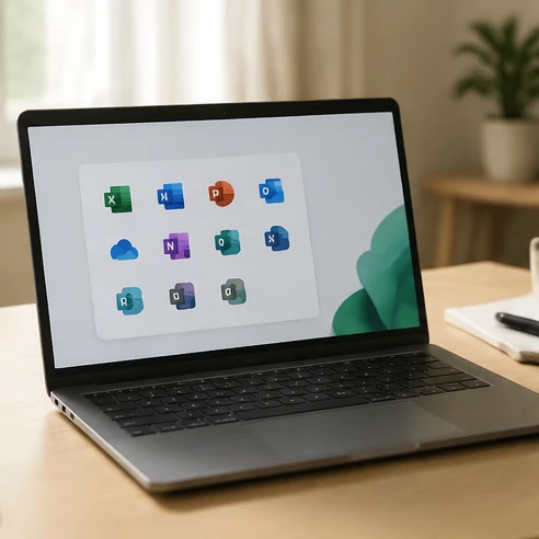 Laptop screen showing the Microsoft 365 apps portal for how to download excel office 365