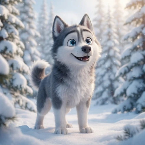 Animated husky character with blue eyes and a thick winter coat in a snowy setting