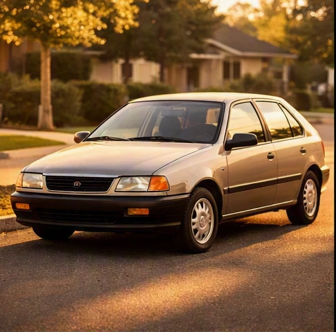 Classic Hyundai Excel hatchback parked on a quiet suburban street during golden hour, showcasing its vintage compact design and clean retro aesthetic.
