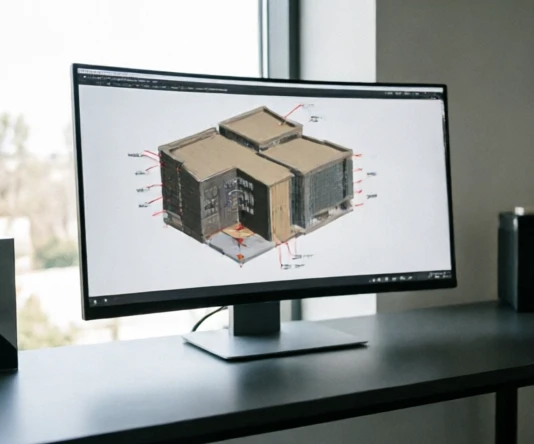 Architectural BIM model imported through IFC showing transferred geometry in older software workflow